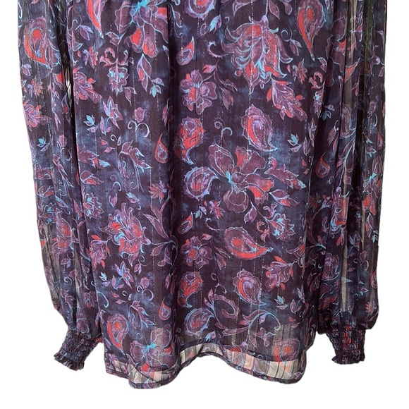 JOIE Purple Floral Metallic Silver Smocked High Neck Balloon Sleeve Blouse - M - Picture 3 of 12
